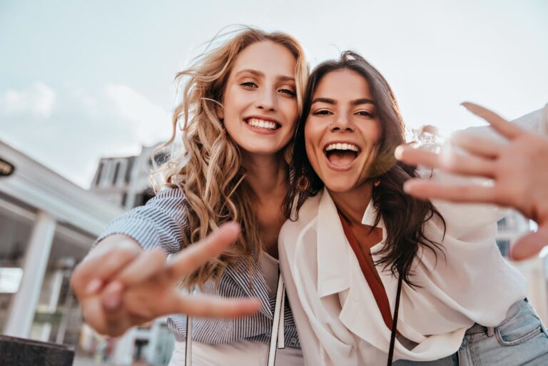two friends are laughing