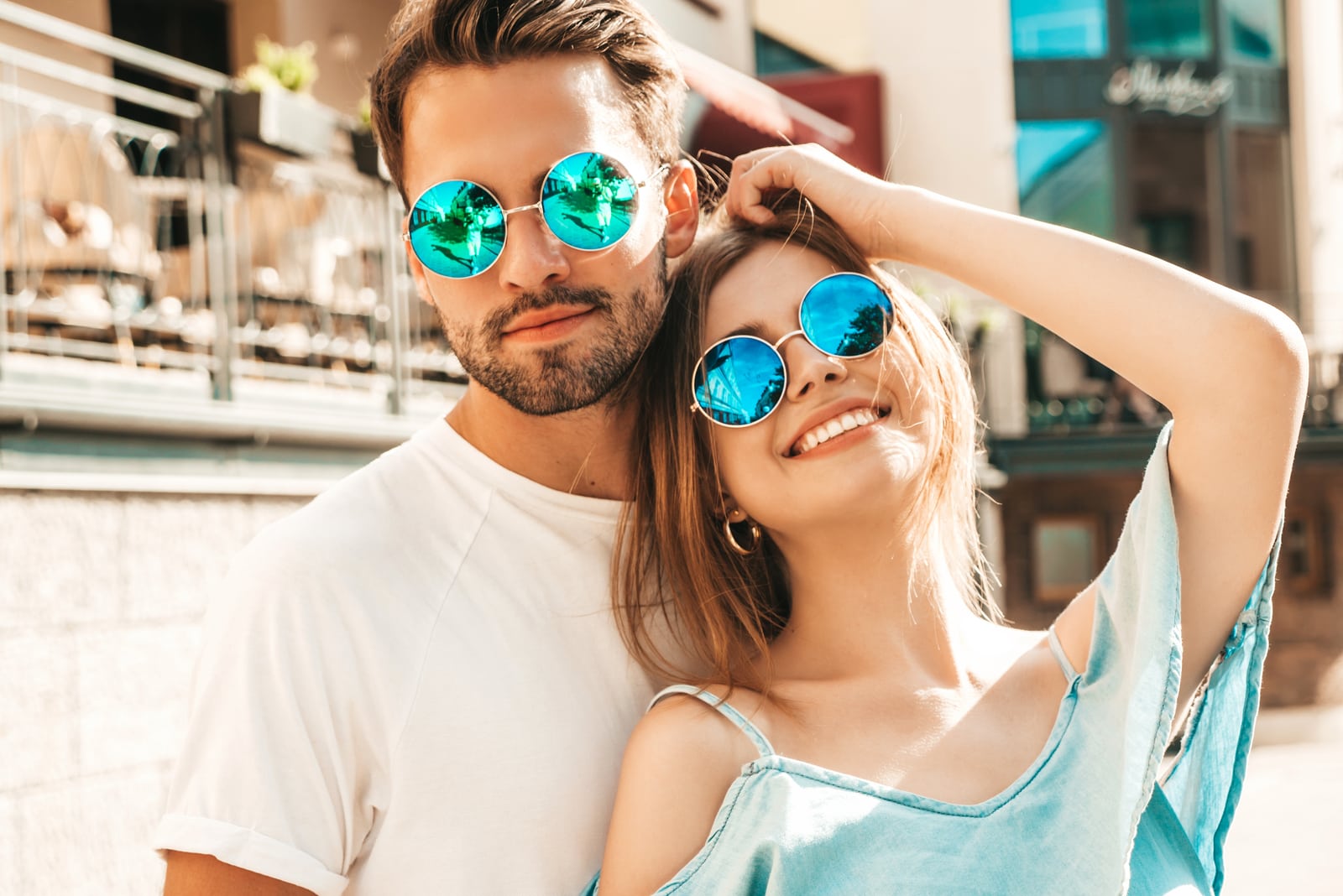 smiling beautiful woman and her handsome boyfriend