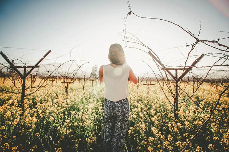 Woman standing in a flower field