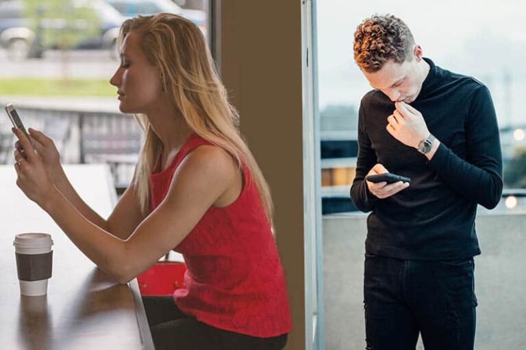 man and woman typing on their phones