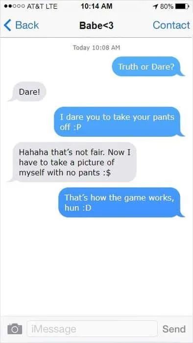iphone message app with babe playing game truth or dare