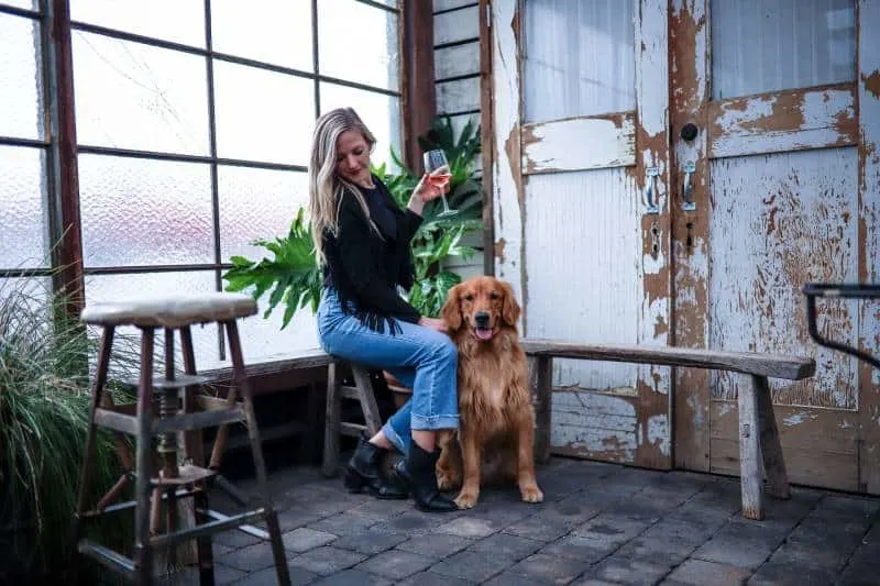 woman sitting on chair beside dog while holding glass of drink