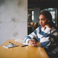 mujer pensativa en el bar de un café