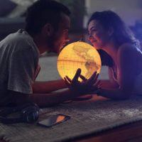 romantic couple holding earth globe