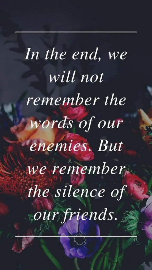 In the end, we will not remember the words of our enemies. But we remember the silence of our friends.