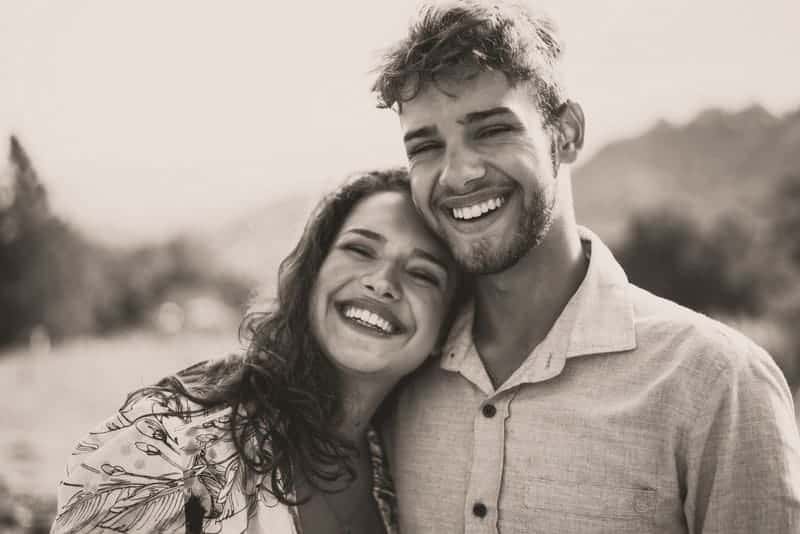 black and white photo of happy couple