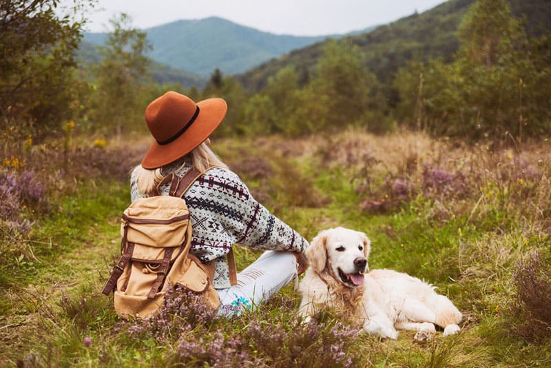 mujer hippie con perro en la naturaleza