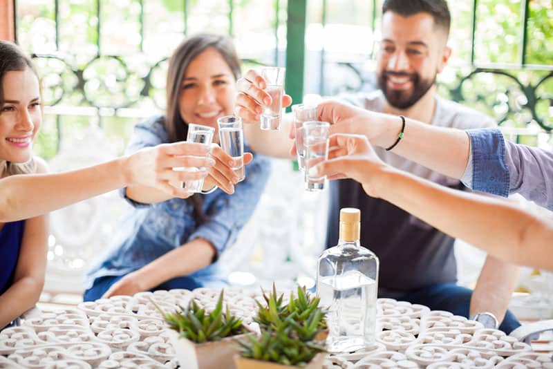 grupo de amigos animando con chupitos de cristal