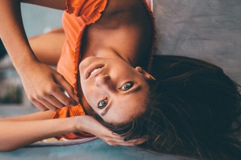 young beautiful brunette with blue eyes