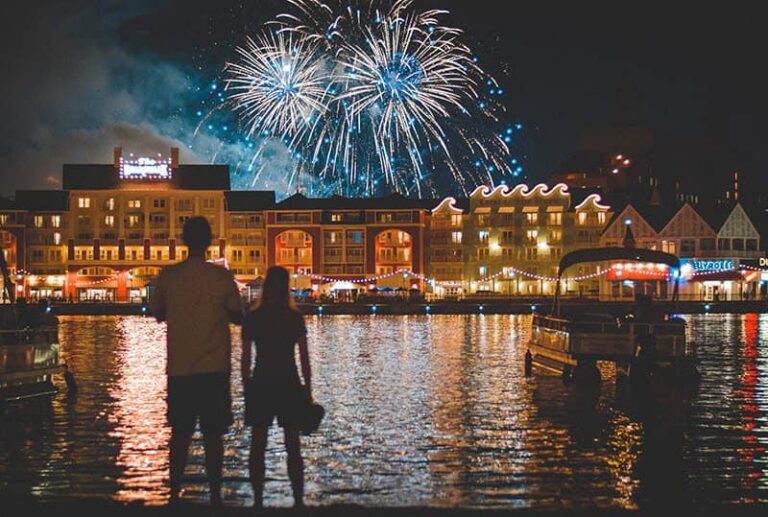 back view of man and woman looking fireworks