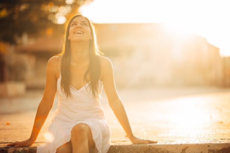 happy woman in white dress