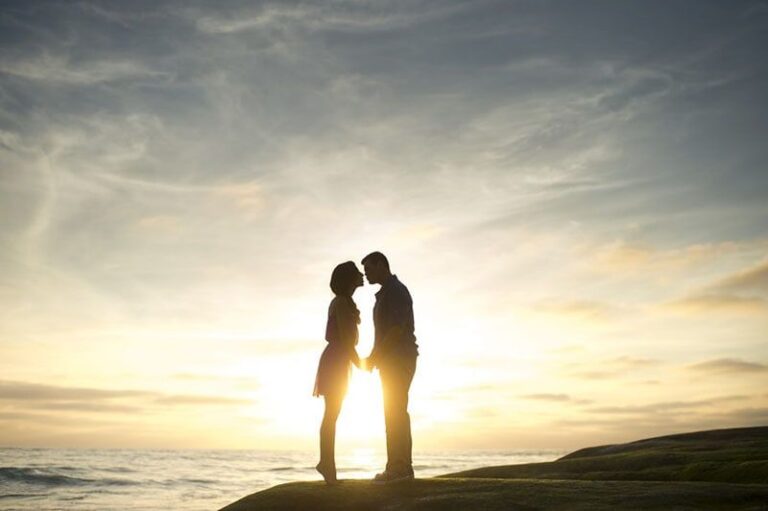romantic couple kissing outdoor