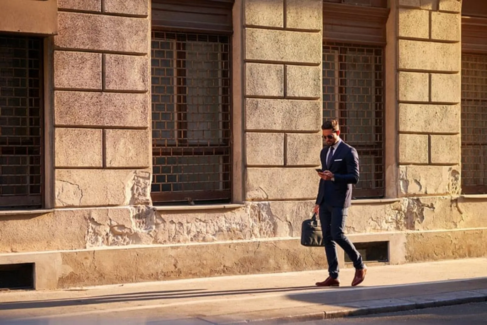 businessman walking with smartphone in his hand