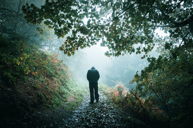 A sad hooded figure walking away from the camera on a misty woodland path with shoulders hunched and looking down.