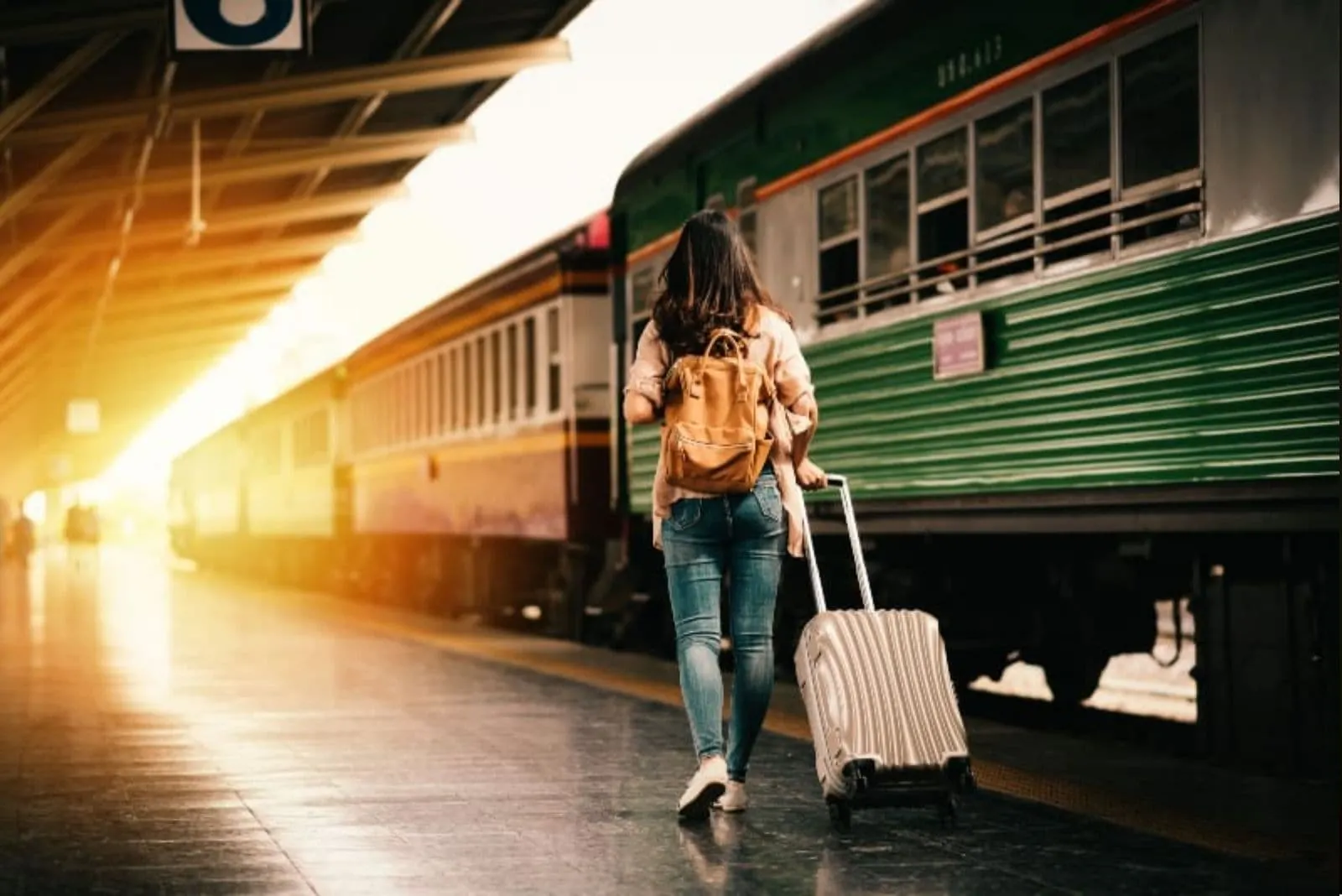woman with her baggage going in the train - sunset