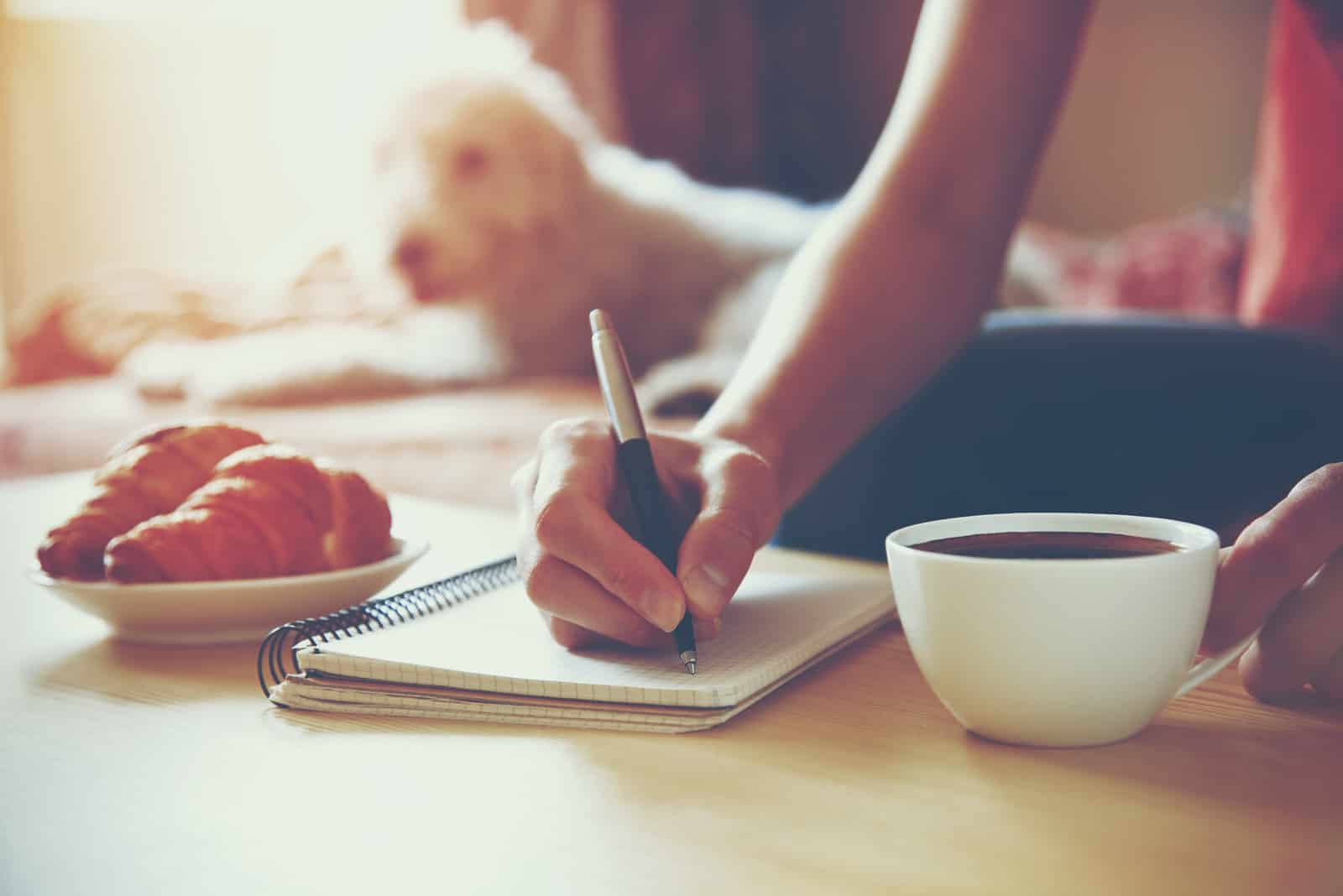 la donna si siede a bere un caffè e a scrivere una lettera