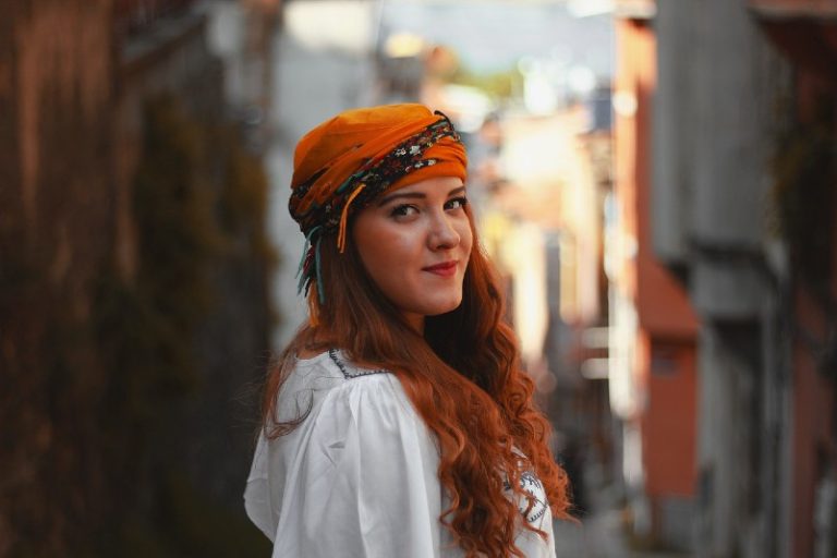 beautiful woman wearing hair scarf outdoor