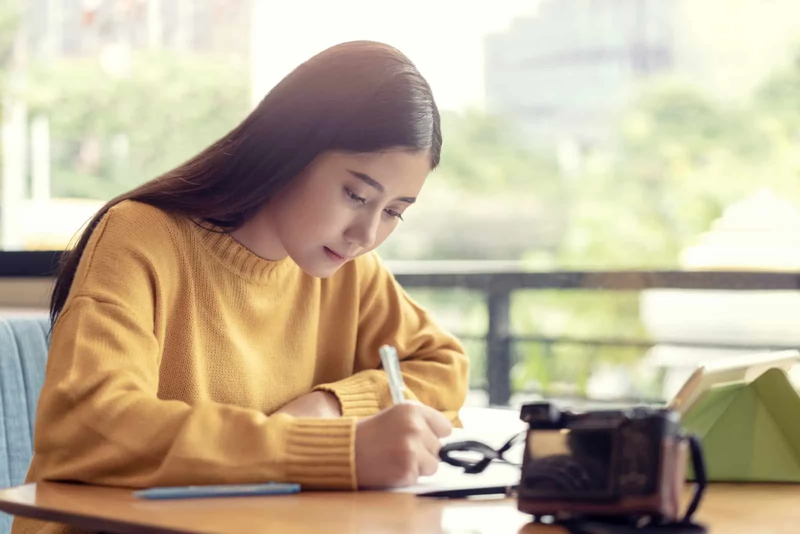 a woman with long brown hair writes