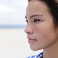 beautiful serious woman looking away