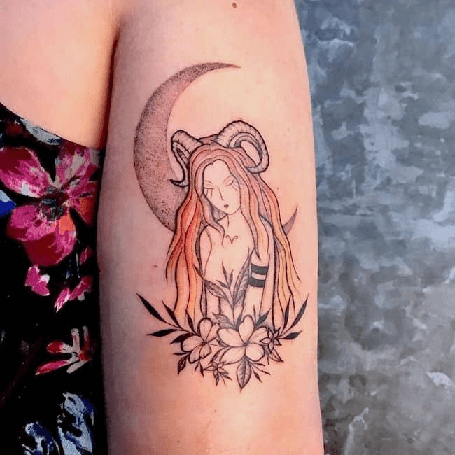 Luna goddess Aries arm tattoo