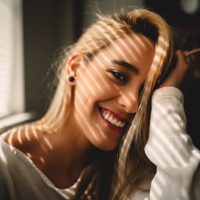 smiling woman holding her hair beside window blinds