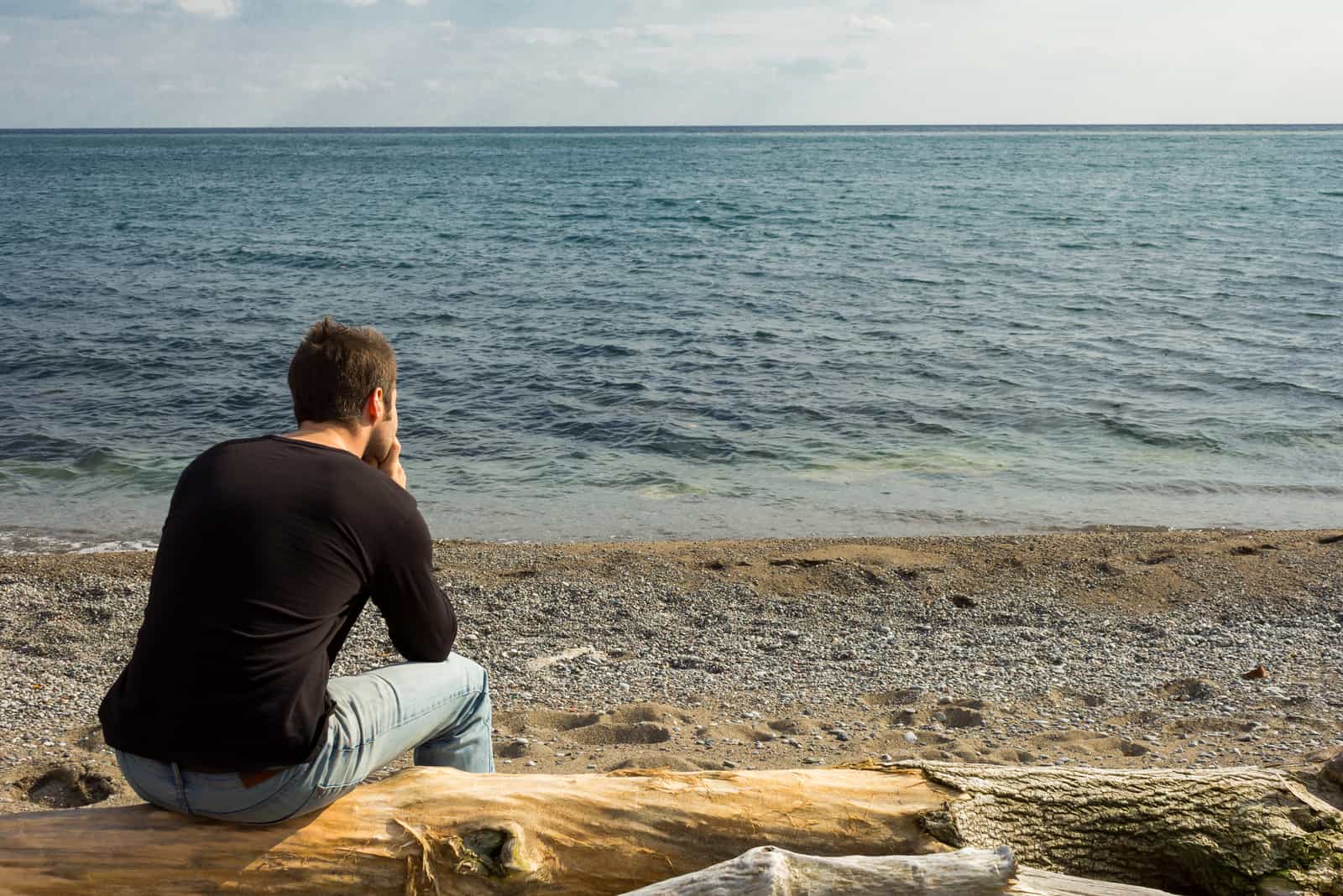 a man sits on a tree with his back turned and looks out to sea