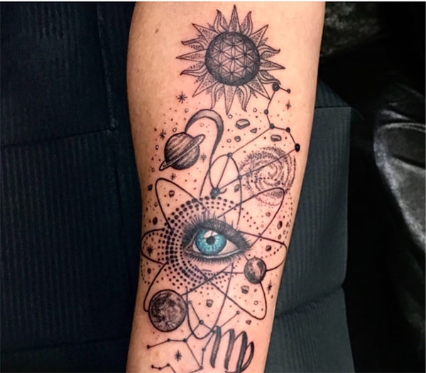 an eye surrounded with planets tattoo and Virgo symbol