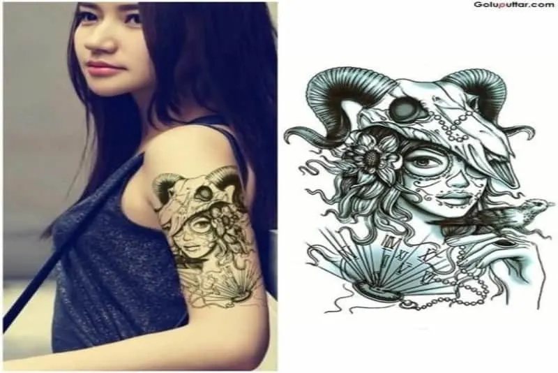Aries skull tattoo on arm