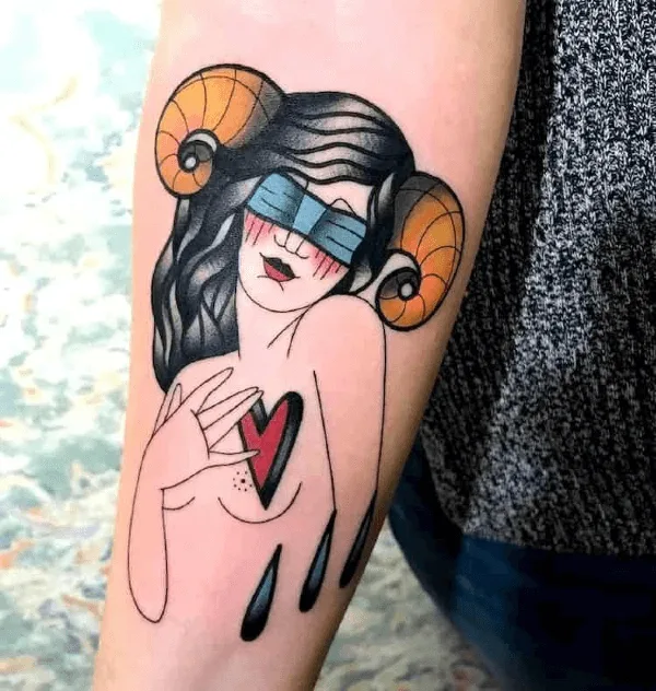 colorful aries tattoo on arm