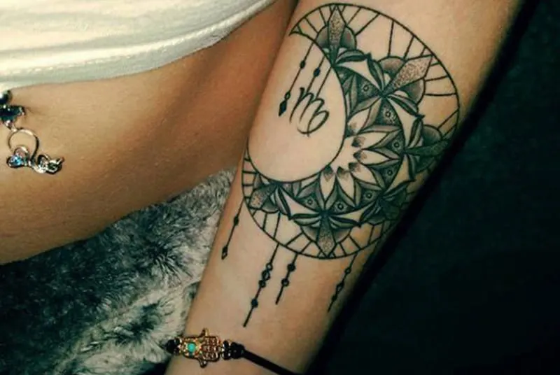 boho Virgo tattoo with half moon