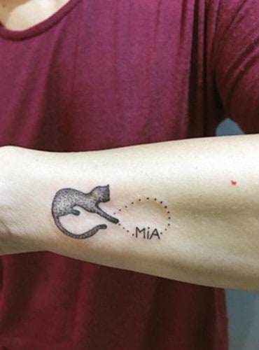 disegno del gatto e dei puntini con tatuaggio del nome