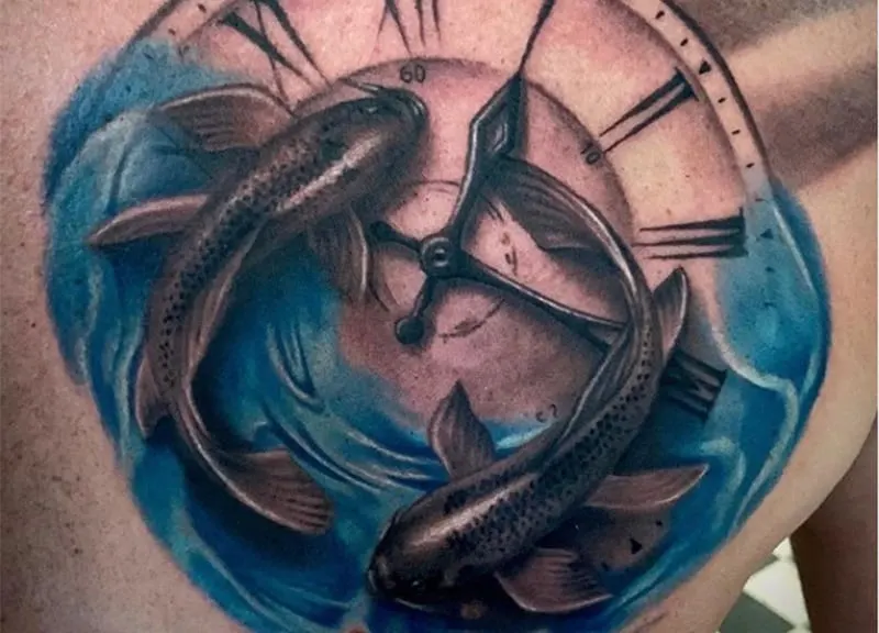 clock and pisces tattoo with blue waves