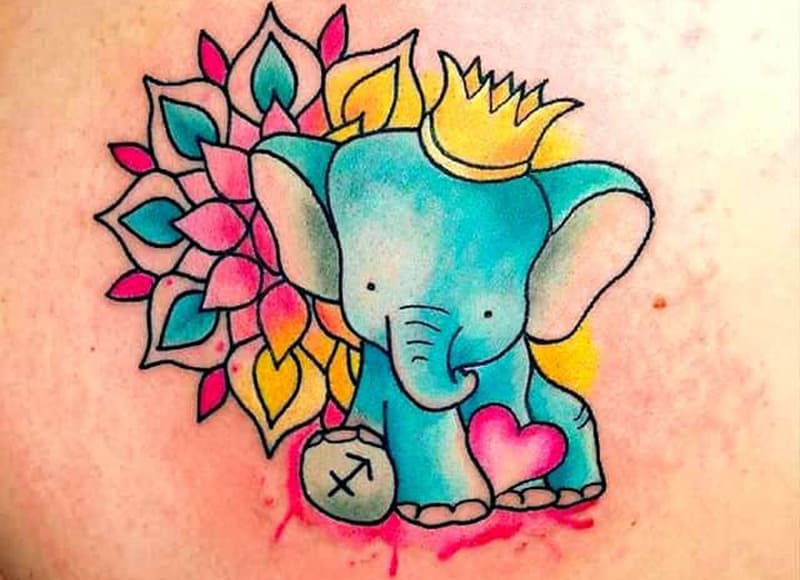 colorido tatuaje de elefante con símbolo de sagitario