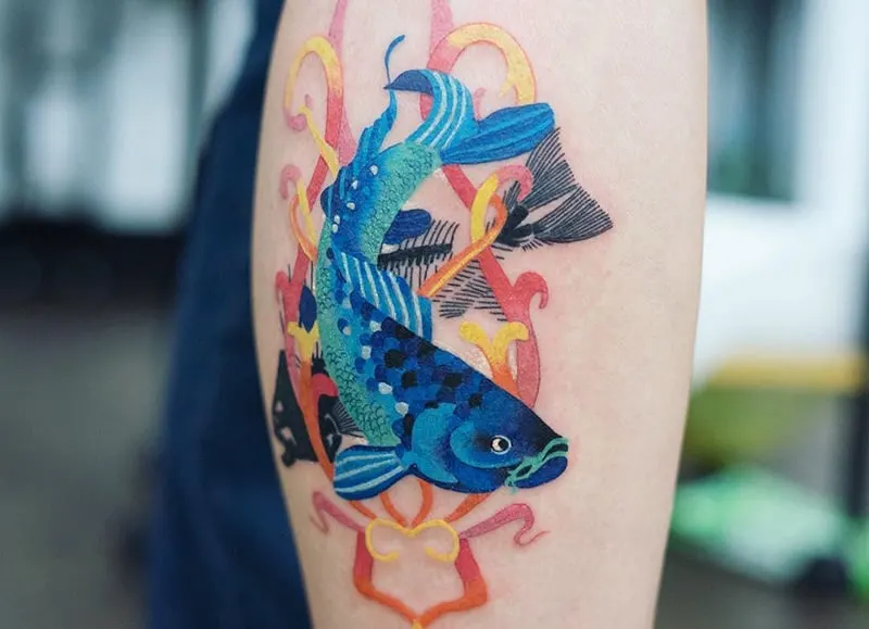 colorful pisces tattoo with pop art design