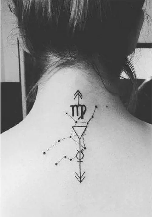combination of numerous symbols in a geometrical style tattoo on the back