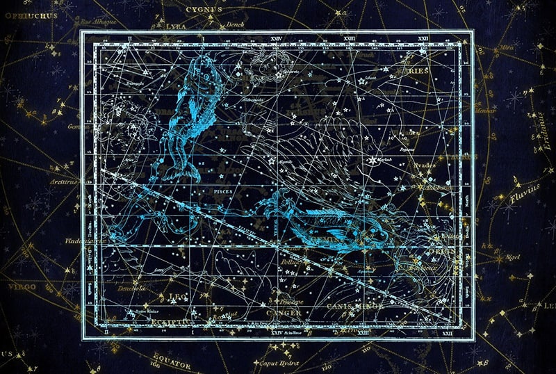 constellation of zodiac signs with blue pisces