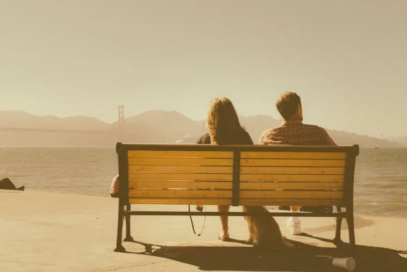 man and woman sitting on wooden bench looking at water