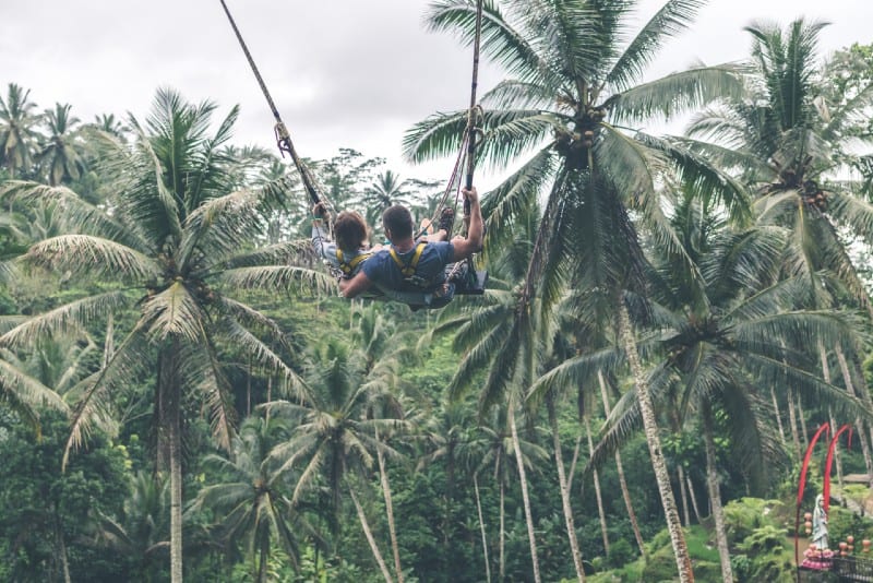 man and woman zip lining near coconut trees