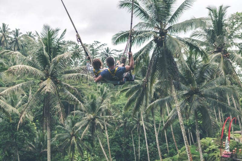 uomo e donna che fanno zip lining vicino alle palme da cocco