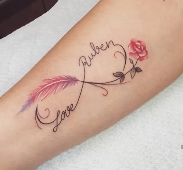 purple and pink feather and rose love tattoo