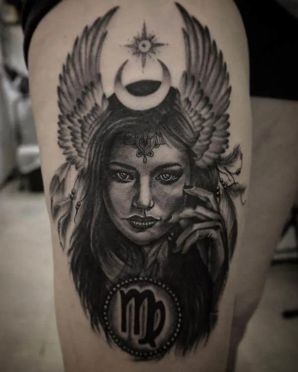 girl portrait with wings tattoo above the Virgo symbol