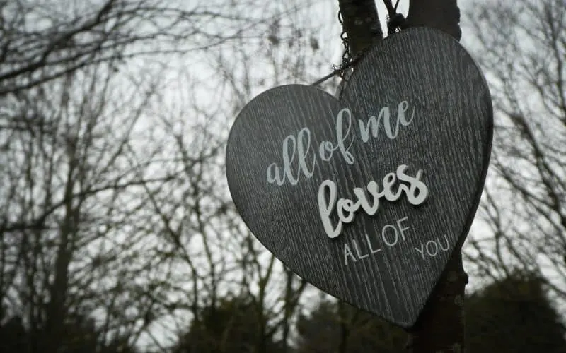 Wooden heart on a tree with all of me loves all of you written on it