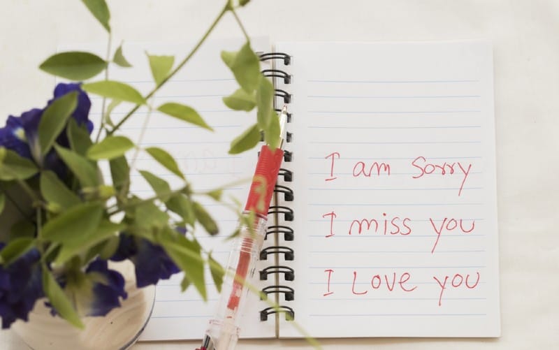 I am sorry, I miss you, I love you message written on notebook and flowers