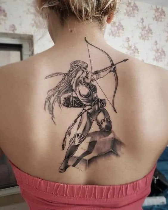 large sagittarius girl bow and arrow tattoo on the back