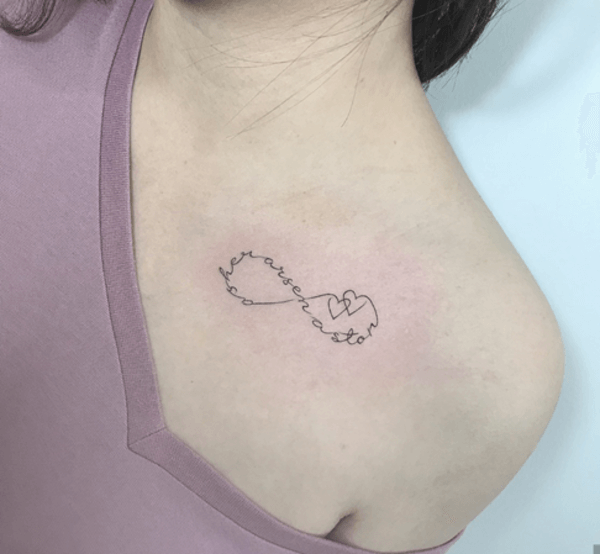 love tattoo with names in cursive and two hearts