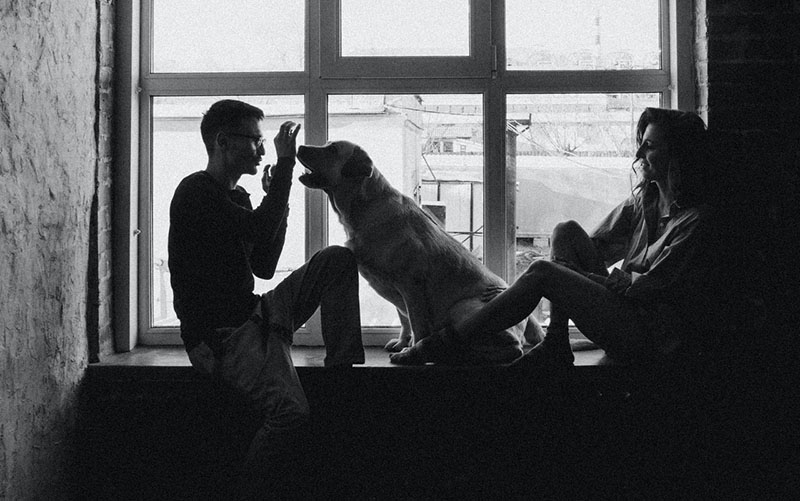 un uomo, una donna e un cane seduti accanto alle finestre in bianco e nero