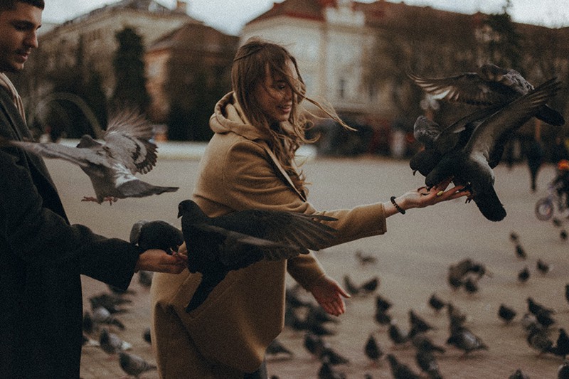 uomo e donna in piedi sulla piazza circondati da uccelli