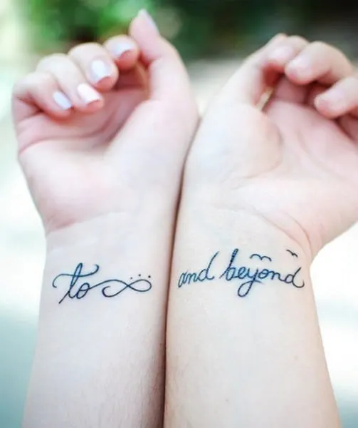 to infinity and beyond matching tattoo design on wrist