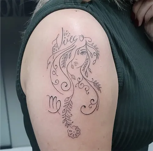 minimal and swirly portrait tattoo with Virgo symbol