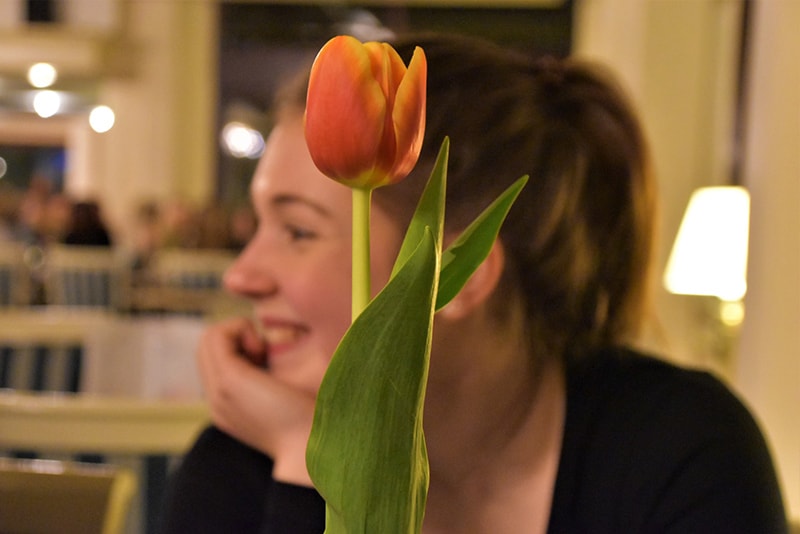 tulipa cor de laranja em frente de uma mulher sorridente